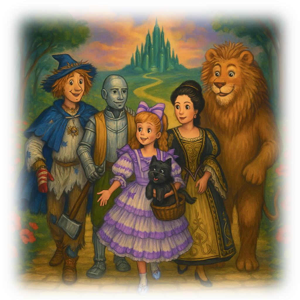 That's Nick Chopper's fianceé Nimmee behind Dorothy. Scarecrow, Nick Chopper, Dorothy (with Toto), Nimmee, and the Lion are walking towards us down the Yellow Brick Road, with the Emerald City in the background.